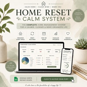 May include: A digital home management system displayed on a laptop and smartphone. The screen shows a dashboard with task completion rates and a pie chart. The text reads "Home Reset Calm System" and "Organise Every Space". A pen and a succulent plant are also visible.