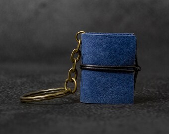 Dark blue miniature book keychain, leather journal mini, book lover gift idea, bookish, bookworm gift, leather notebook, booklover