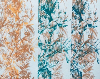 Handmade silkscreen printed floral paper. Limited edition double layer print for bookbinding endpaper or wall decor.