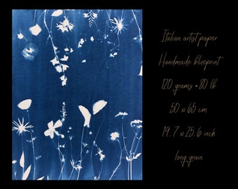 Handmade blueprint endpapers • flower field cyanotype paper for bookbinding or wall art