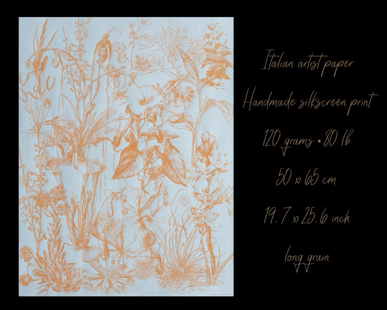 Handmade botanical floral paper. Limited edition silkscreen printed paper for bookbinders, journaling, scrapbooking and art projects. orange