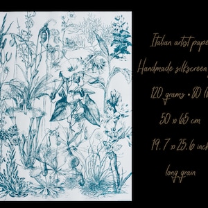 Handmade botanical floral paper. Limited edition silkscreen printed paper for bookbinders, journaling, scrapbooking and art projects.