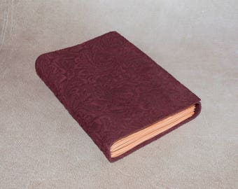 Maroon notebook • embossed leather journal • wine red suede floral sketchbook