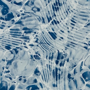 May include: A surface pattern featuring a deep blue and white marbled design. The visual composition consists of swirling, fluid organic shapes and interconnected lines that create a high-contrast, layered effect resembling liquid movement.