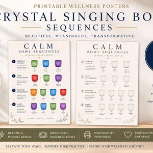 May include: Two printable posters with the text "Crystal Singing Bowl Sequences" and "Calm Bowl Sequences". The posters feature colourful and neutral crystal bowl sequences, designed for wellness, mindfulness, and sound healing. Available for instant download.