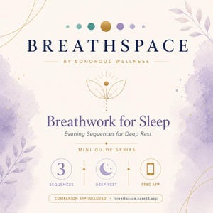 Könnte beinhalten: Werbegrafik für Breathspace von Sonorous Wellness, mit dem Text "Breathwork for Sleep" und "Evening Sequences for Deep Rest". Das Design umfasst Symbole für Sequenzen, Tiefenentspannung und eine kostenlose App, mit einem weichen Aquarellhintergrund.