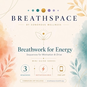 May include: A promotional graphic for Breathspace by Sonorous Wellness. The design features the text "Breathwork for Energy" and "Sequences for Motivation & Drive." It includes icons for sequences, motivation, and a free app, with the website address breathspace.base44.app.