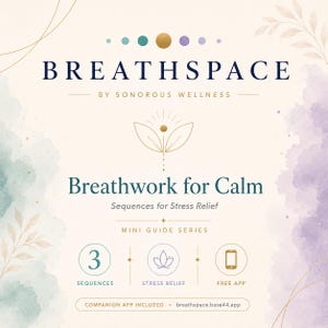 Könnte beinhalten: Werbegrafik für Breathspace von Sonorous Wellness. Das Design zeigt den Text "Breathwork for Calm" und "Sequences for Stress Relief". Es enthält Symbole für Sequenzen, Stressabbau und eine kostenlose App mit der Website breathspace.base44.app.