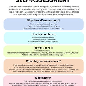 May include: A self-assessment guide for students with a light blue, yellow, and pink colour scheme. The text reads "Student Self-Assessment" and includes sections on why, how to complete, how to score, what do your scores mean, and what's next. The text also includes the phrase "Success isn't about being perfect, it's about improving a little each day."