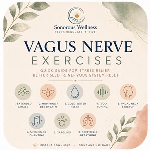 May include: A beige infographic with the text "Vagus Nerve Exercises" and illustrations of breathing and relaxation techniques. The guide promotes stress relief, better sleep, and nervous system reset. Includes the text "Instant Download" and "Print and Use Daily."