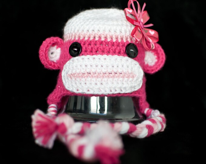 Pink Sock Monkey Baby Hat Valentine's Day Baby Hat Etsy