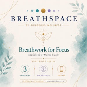 May include: A promotional graphic for Breathspace, a wellness program. The design features the text "Breathwork for Focus" and "Sequences for Mental Clarity." It includes icons for sequences, mental clarity, and a free app, with the website address breathspace.base44.app.