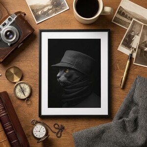Może przedstawiać: Oprawiony czarno-biały portret kota w kapeluszu i szaliku, z żółtymi oczami. Obraz otoczony jest przedmiotami w stylu vintage, takimi jak aparat fotograficzny, kompas, książki i stare zdjęcia, tworząc estetykę vintage.