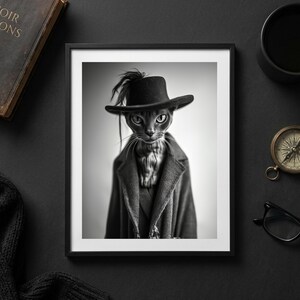 Retrato de gato elegante, sombrero de ala ancha, abrigo de lana, arte animal negro (descarga digital)