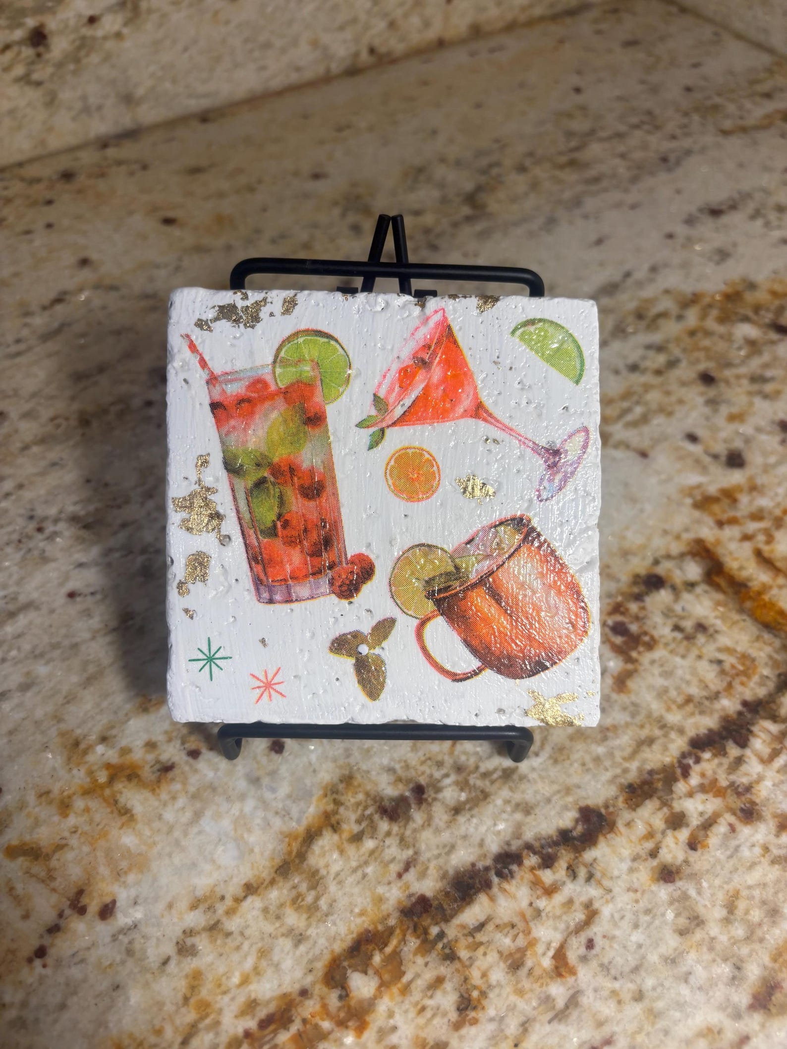 Watercolor Cocktail Coasters with Gold Foil – Bar Cart Decor Set