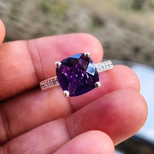 Cushion Cut Simulated Amethyst Solitaire Engagement Ring 14K White Gold Plated 925 Silver