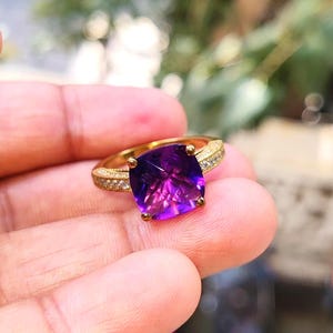 Cushion Cut Simulated Amethyst Solitaire Engagement Ring 14K Yellow Gold Plated 925 Silver