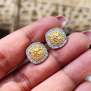 Round Cut Moissanite Tester Pass Cluster Stud Earrings 14K Two Tone Gold Finish Silver