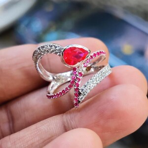 Pear Cut Simulated Red Ruby Vintage Wedding Ring 14K White Gold Plated Silver