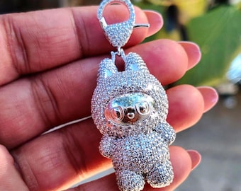 Round Cut Natural Moissanite Hip Hop Labubu Pendant 14K White Gold Plated 925 Silver
