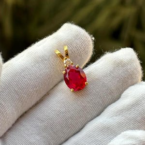 Oval Cut Simulated Red Ruby Solitaire Pendant 14K Yellow Gold Plated 925 Sterling Silver