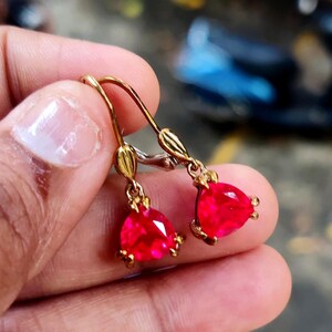 Trillion Cut Simulated Red Ruby Drop Dangle Earrings 14K Yellow Gold Finish 925 Silver
