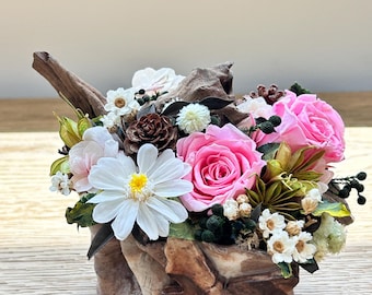 Preserved Flower Arrangement in Driftwood Vase | Pink Rose & Daisy Floral Centerpiece | Everlasting Flowers | Rustic Home Decor | Unique Gif