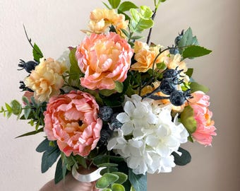 Peach Peony Bridal Bouquet with White Hydrangea, Artificial Wedding Flowers