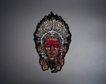 Native Indian Large Embroidered Back Patch — Iron On Applique for Biker Vest & Leather Jacket
