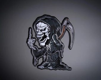 Skull Reaper Embroidered Patch — Iron On Applique for Biker Vest, Jacket & Denim | Gothic Patch