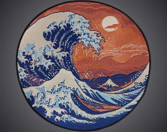 Japanese Wave Embroidered Patch — Iron On Applique for Biker Vest, Jacket & Denim