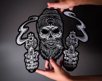 Double Gun Large Embroidered Back Patch — Iron On Applique for Biker Vest & Leather Jacket