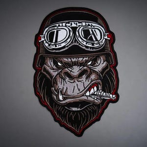 Gorilla Piston stor broderad rygglapp — Stryk-på-applikation för bikerväst och skinnjacka