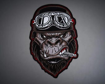 Gorilla Piston Large Embroidered Back Patch — Iron On Applique for Biker Vest & Leather Jacket