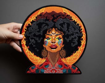 Afro Queen 70s Style Embroidered Back Patch – Large Iron-On Biker Vest Applique