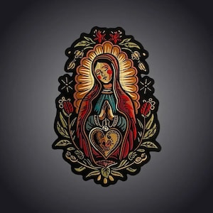Aplique bordado Sagrado Coração de Maria — Aplique termocolante para colete de motociclista, jaqueta e jeans