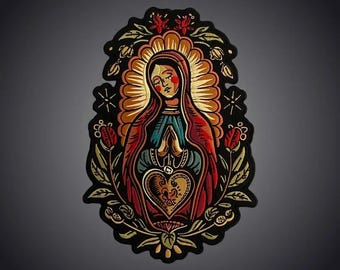 Sacred Heart Virgin Mary Embroidered Patch — Iron On Applique for Biker Vest, Jacket & Denim