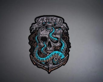 Kraken Large Embroidered Back Patch — Iron On Applique for Biker Vest & Leather Jacket