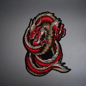 Pode incluir: Um emblema bordado detalhado apresentando um dragão vermelho enrolado com barriga bege, garras brancas afiadas e detalhes de crina branca fluida. O dragão é retratado em uma pose dinâmica e curva com uma borda preta contornando o design.