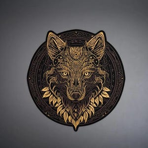 May include: A circular wall art piece featuring a detailed gold-colored wolf head illustration set against a black background. The wolf is surrounded by intricate geometric patterns and leaf-like shapes, all rendered in fine gold lines within a circle.