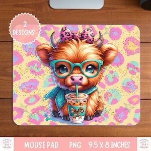 May include: A rectangular mouse mat featuring a cartoon Highland cow with teal glasses, a bow, and a scarf, drinking from a coffee cup. The background is yellow with pink and purple leopard print. The mouse mat is 24.1 x 20.3 cm.