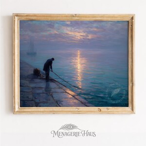 May include: A framed vintage painting depicts a man on a pier at dusk. The artwork features a serene seascape with a boat in the distance, a golden sunset reflecting on the water, and a figure working with a rope. The frame is a light gold color.