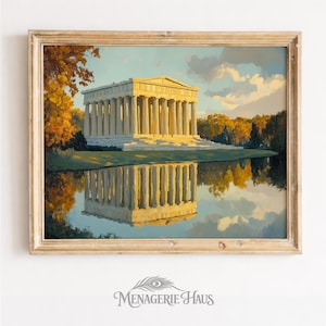 Dipinto ad olio vintage del Partenone a Nashville - Tempio greco classico, fogliame autunnale, riflesso del lago nello specchio, arte murale serena, stampabile 514