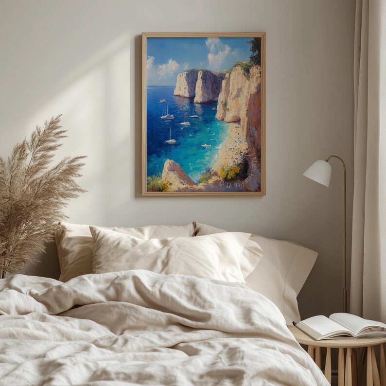 Coastal Cliff Painting, Mediterranean Bay Sailboat Printable Wall Art ...