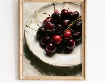 Vintage Black Cherries Painting, Rustic Kitchen Printable Wall Art (Digital Download) 789