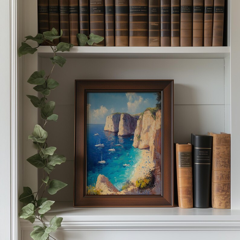 Coastal Cliff Painting, Mediterranean Bay Sailboat Printable Wall Art ...