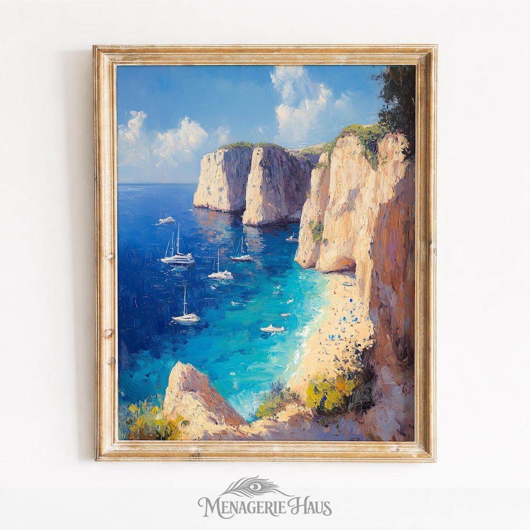 Coastal Cliff Painting, Mediterranean Bay Sailboat Printable Wall Art ...