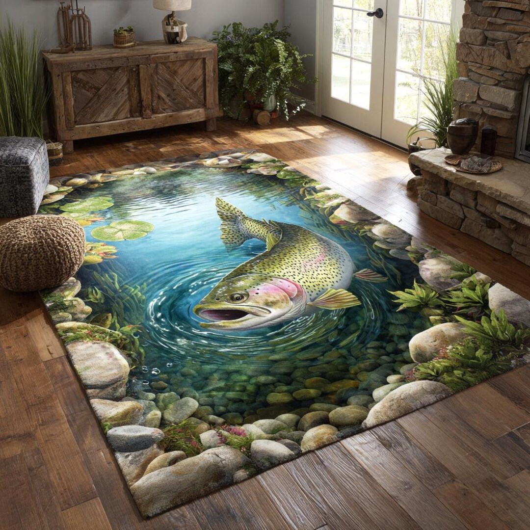 3D Trout Fishing Area Rug, River Fish Rug, Cabin Lodge Decor Carpet ...