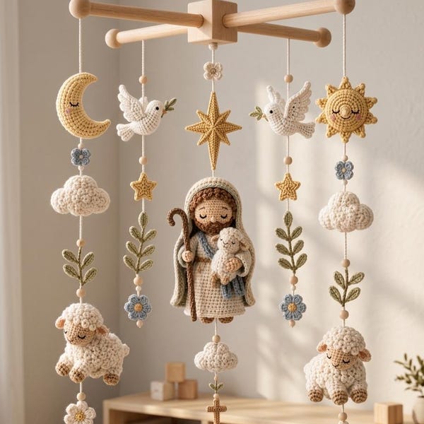 Crochet Good Shepherd Baby Mobile, Jesus Lamb Crib Mobile, Christian Nursery Decor, Baptism Gift, Catholic Baby Shower Gift