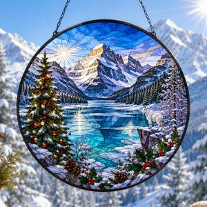 Glas-in-lood raamhanger met kerstthema van Glacier National Park, decoratie voor aan het raam, kerstcadeau, winterdecoratie
